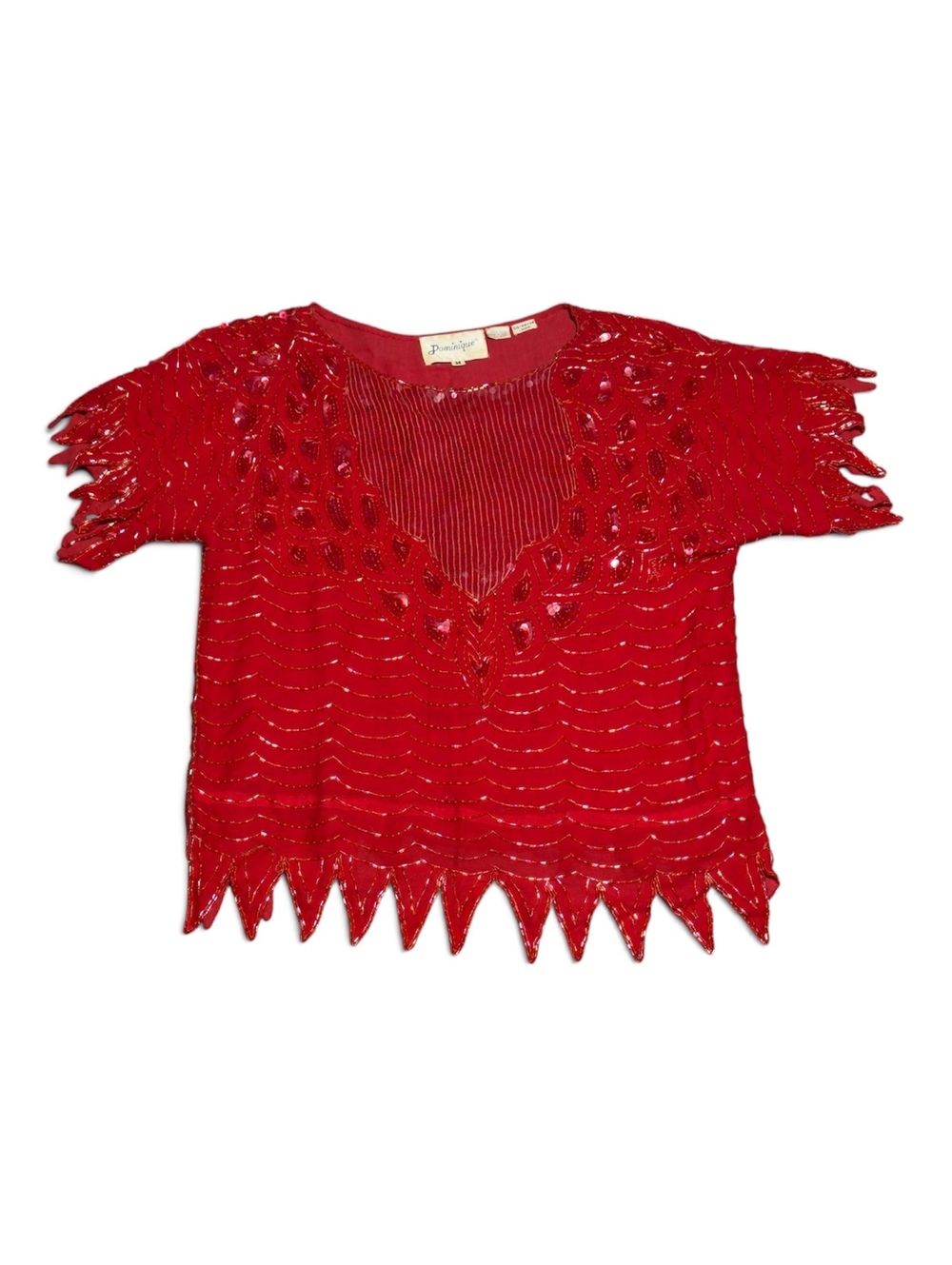 Vintage Dominique Red Silk Beaded Sequin Top Size M Rayon Lining